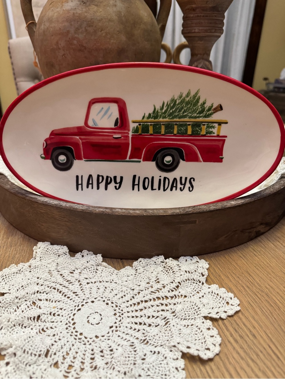 Magenta Red Truck Christmas Serving Platter Angela Staehling